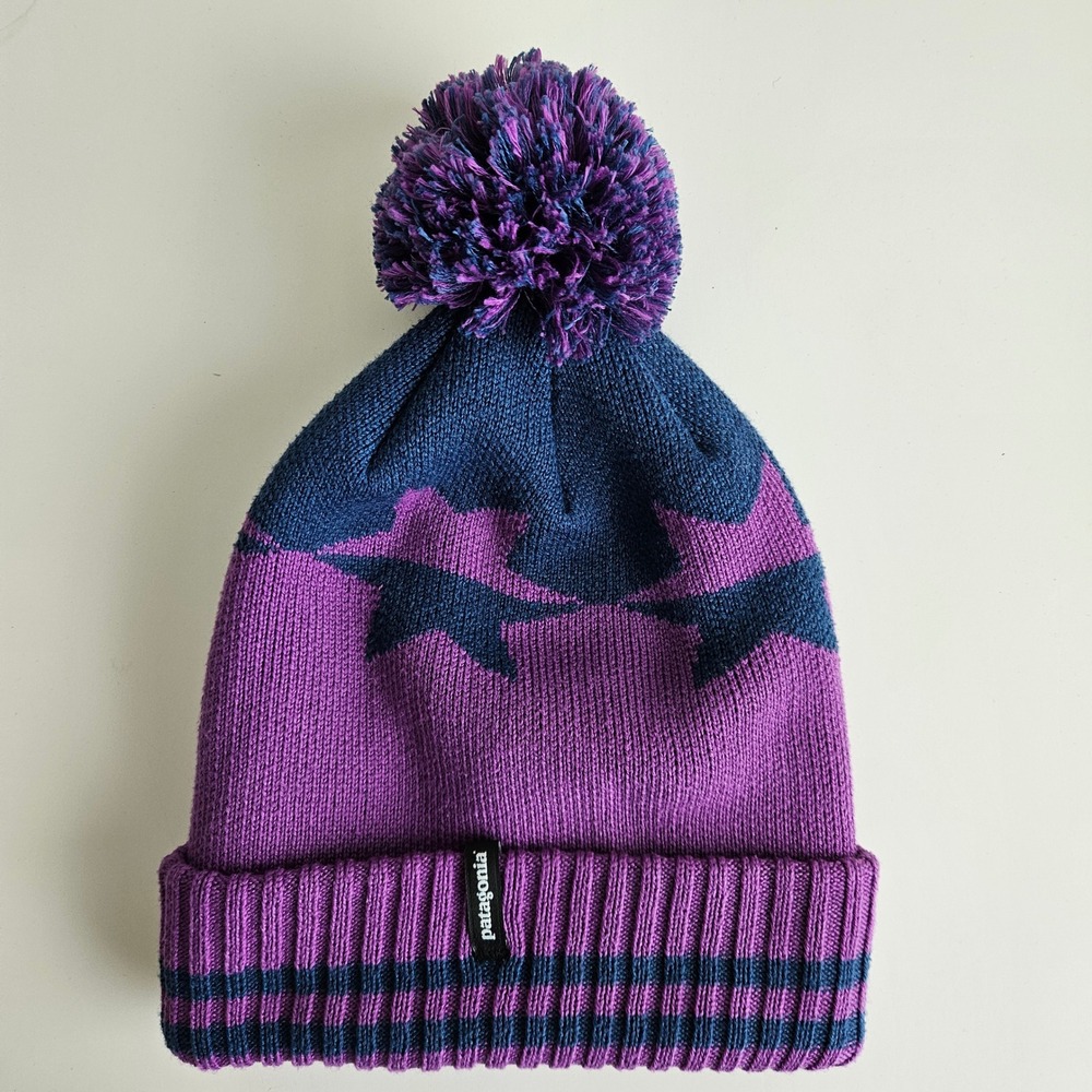 Patagonia Knit Beanie Women One Size Purple Blue Star Pom Pom Cuffed Hat